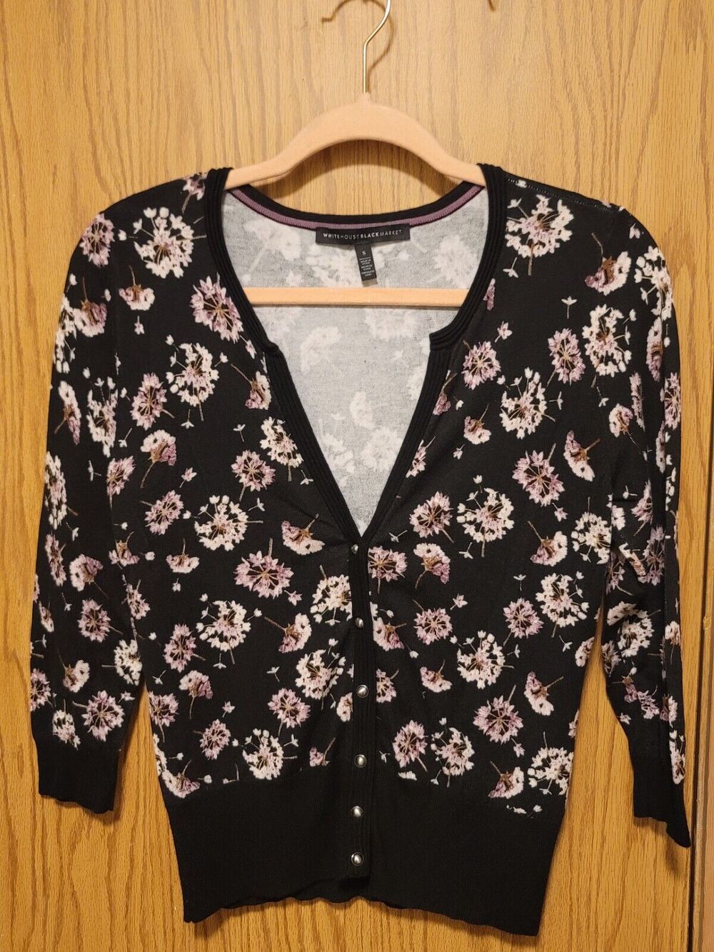 White House Black Market Women's Button Down Cardigan Black Floral Size S